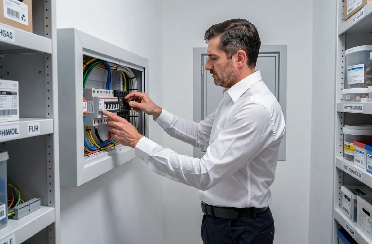 Électricien de 2C Relec câblant un tableau de répartition neuf dans une pièce technique résidentielle