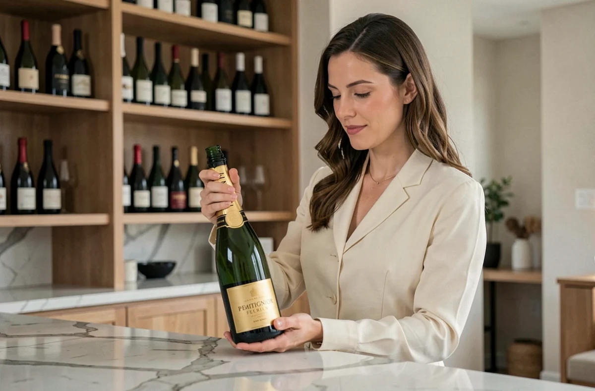 Femme examinant une bouteille de champagne de collection dans une cuisine moderne, pour illustrer l'achat sécurisé en ligne de champagnes rares