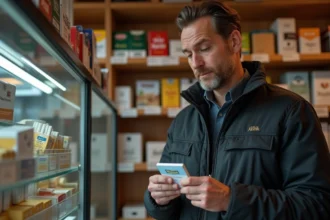 Homme examinant un paquet de cigarettes Winston dans un bureau de tabac allemand avec des étiquettes de prix en euros