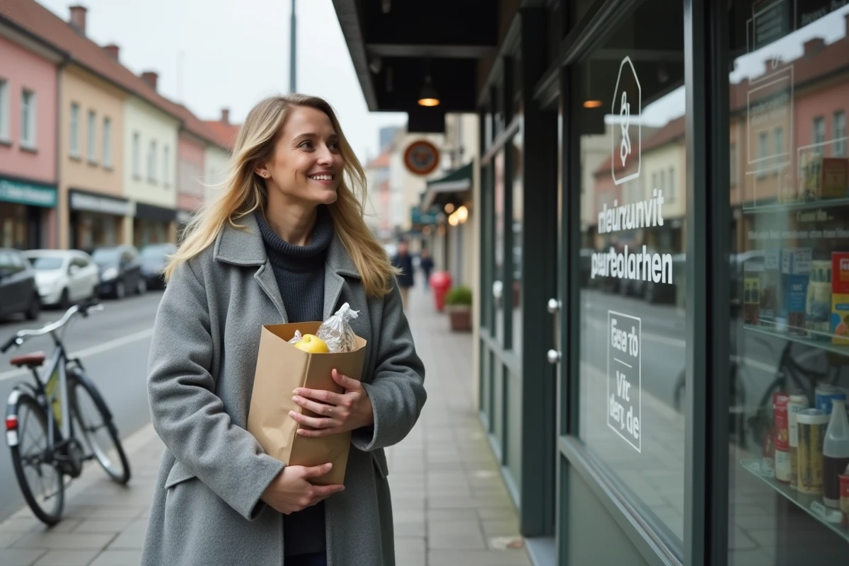 Femme sortant d'une épicerie en Allemagne avec des achats de cigarettes moins chères près de la frontière