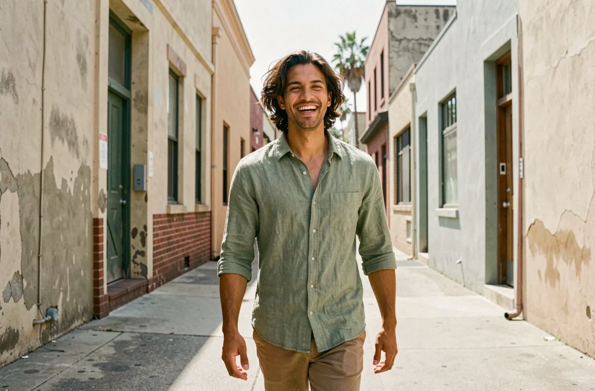 Acteur américain métis sur un backlot de studio à Los Angeles, prise de vue en plein air style éditorial