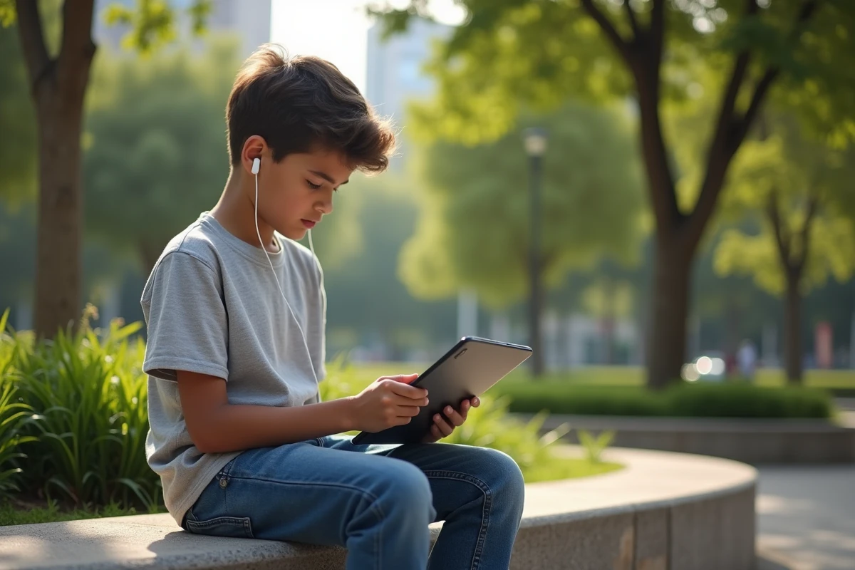 Jeune garçon lisant le Coran sur une tablette en plein air