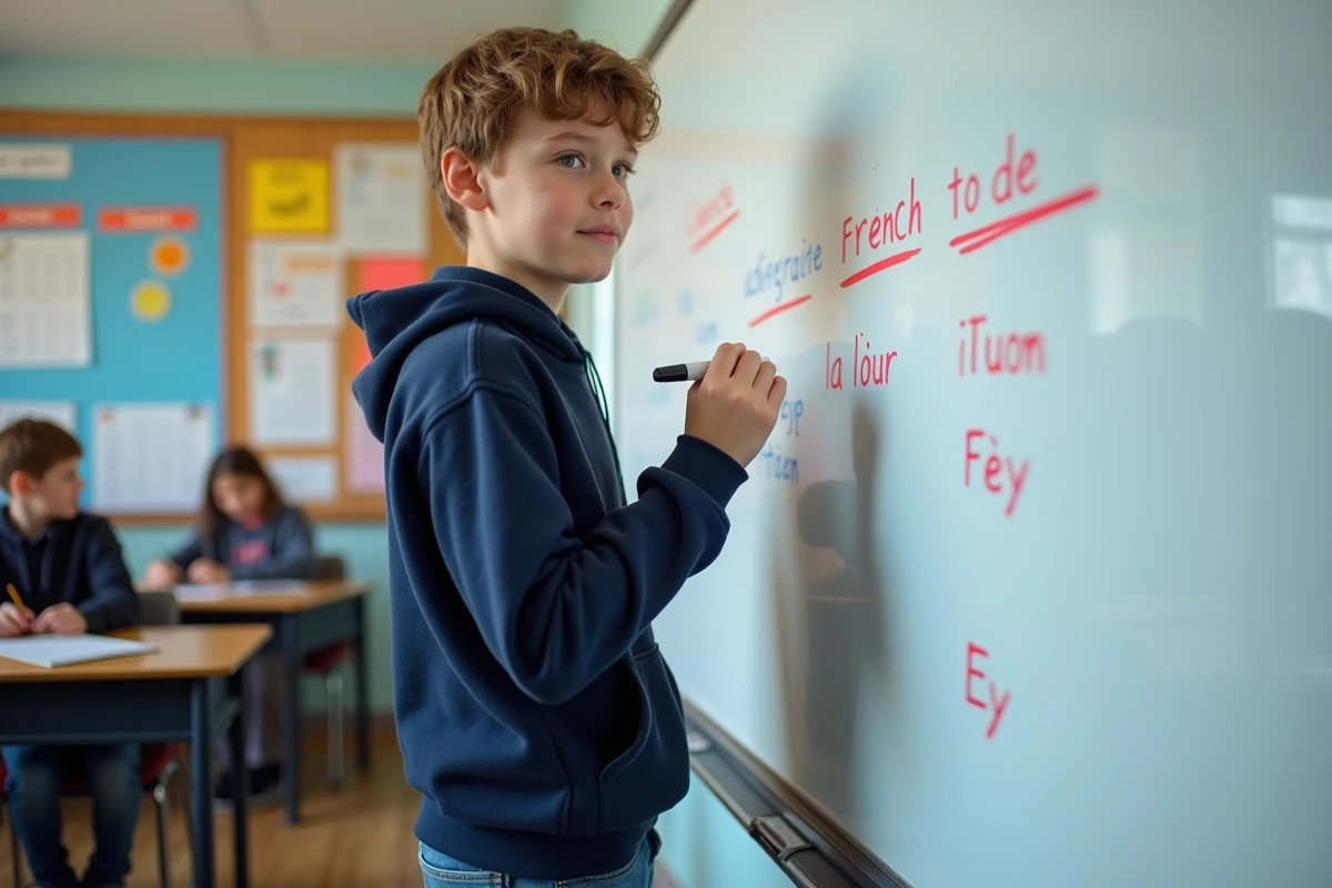Jeune garçon écrit un adjectif français au tableau en classe