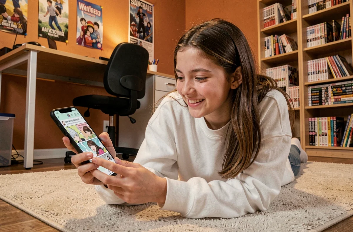 Adolescente lisant des scans webtoon sur smartphone allongée dans sa chambre sans interruption
