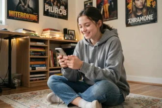 Adolescente souriante consultant son smartphone dans sa chambre, illustrant les codes et abréviations utilisés par les jeunes sur les réseaux sociaux