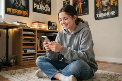 Adolescente souriante consultant son smartphone dans sa chambre, illustrant les codes et abréviations utilisés par les jeunes sur les réseaux sociaux