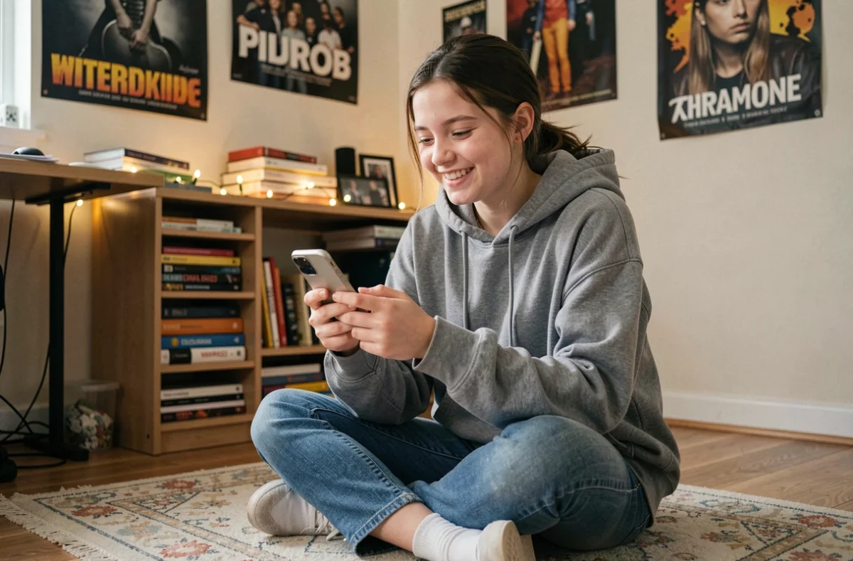 Adolescente souriante consultant son smartphone dans sa chambre, illustrant les codes et abréviations utilisés par les jeunes sur les réseaux sociaux