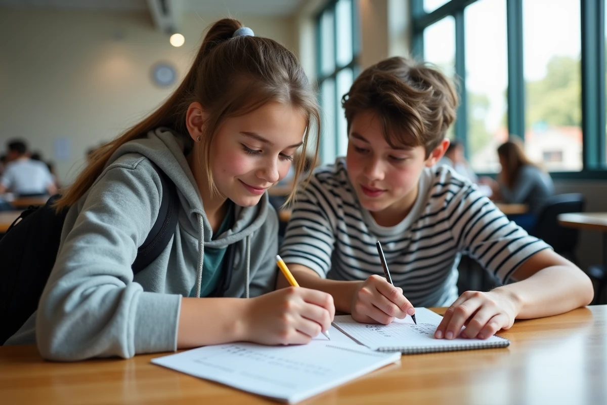 Deux adolescents collaborant sur un exercice de mots croisés bilingues dans une cafétéria scolaire