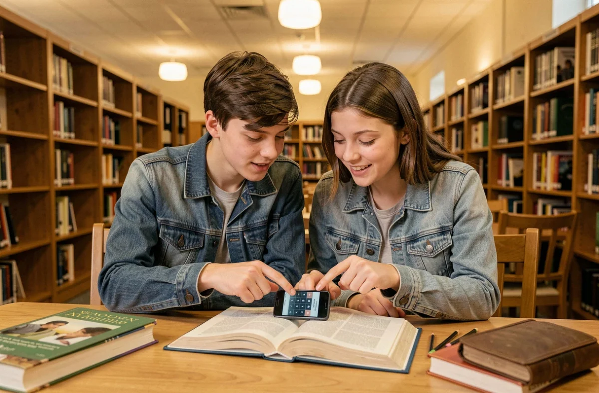 Deux adolescents de 16 ans à la bibliothèque consultant un calculateur d'année de naissance sur smartphone