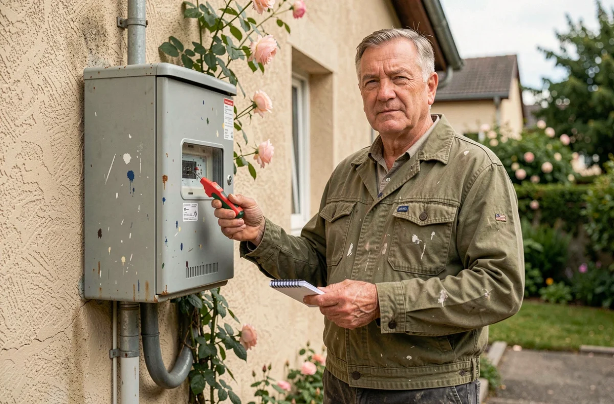 Alain Riffaut, artisan électricien indépendant, devant un coffret de compteur électrique en milieu pavillonnaire