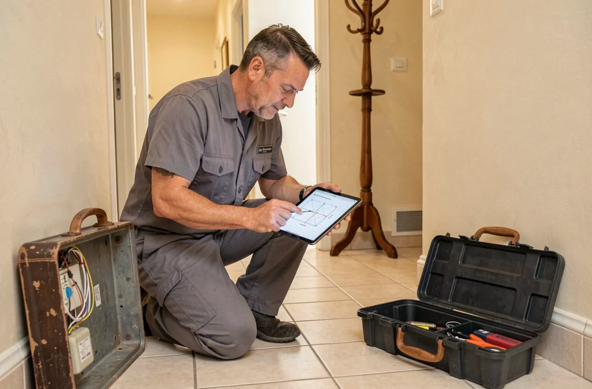 Technicien d'Alarme Telephone Automobile Services intervenant sur un boîtier de raccordement dans un couloir résidentiel