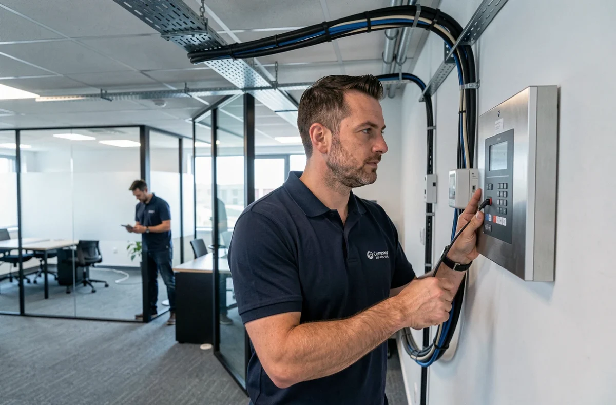 Technicien d'Alpha Com installant un système d'alarme dans un bureau tertiaire moderne