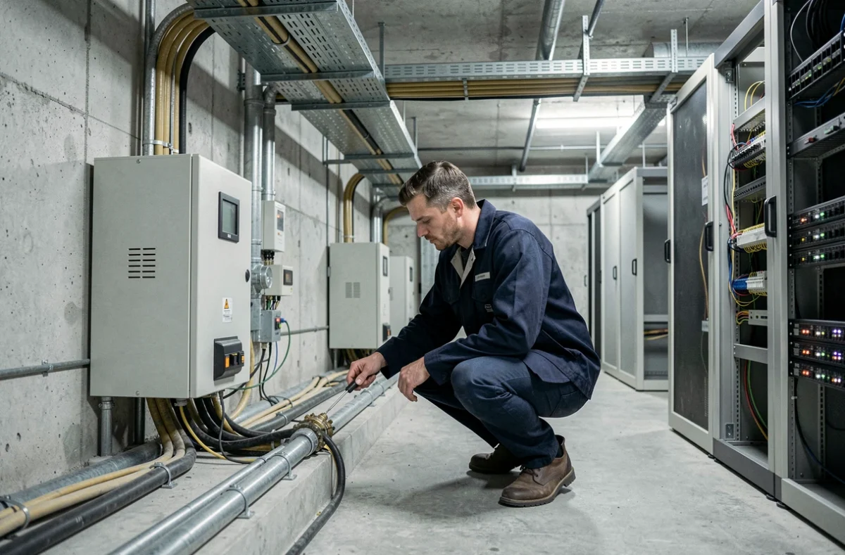 Technicien d'Alted connectant des câbles courant fort et courant faible dans une chaufferie technique commerciale