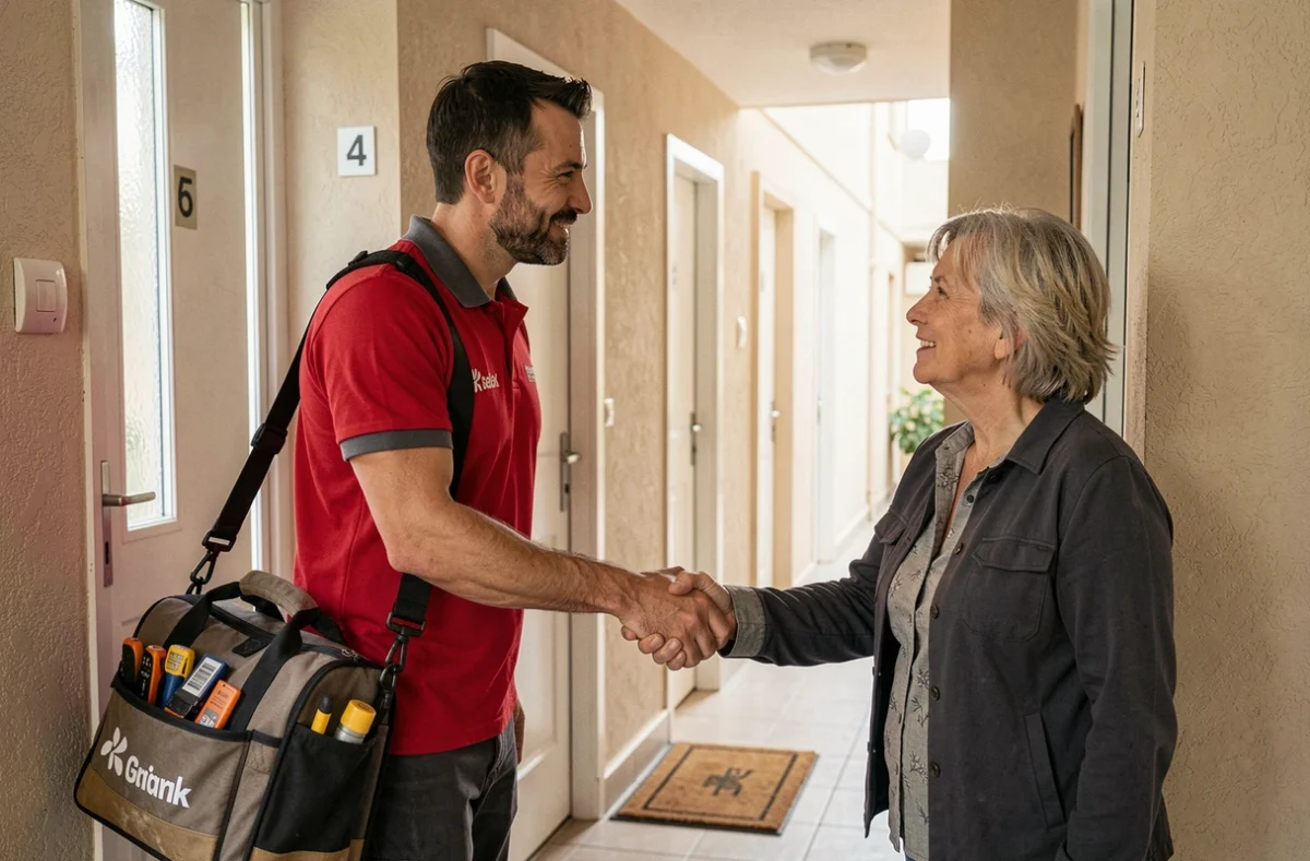 Électricien d'Amelec arrivant en dépannage rapide chez une habitante dans un immeuble résidentiel