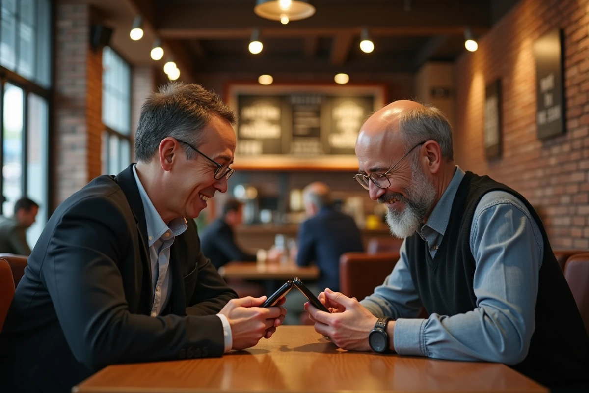 Deux amis comparant des jeux de belote sur leurs smartphones dans un café urbain