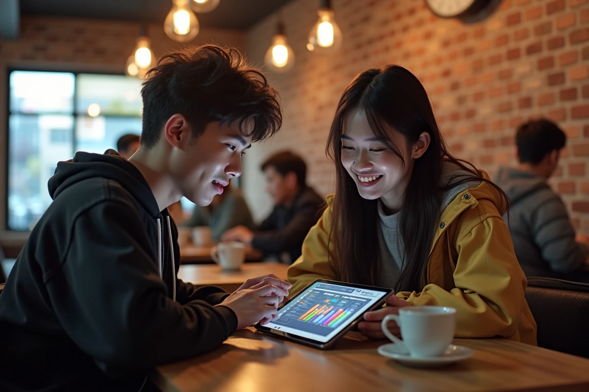 Deux amis dans un café regardant ensemble une application de suivi d'animés sur une tablette en discutant des prochaines sorties