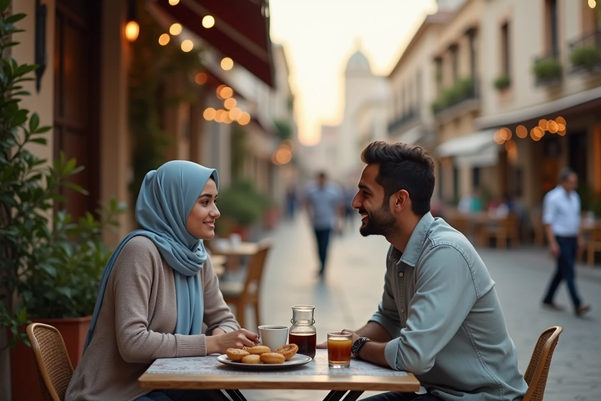 Deux amis tunisiens discutant de leurs plans pour le ftour du ramadan en terrasse de café au coucher du soleil