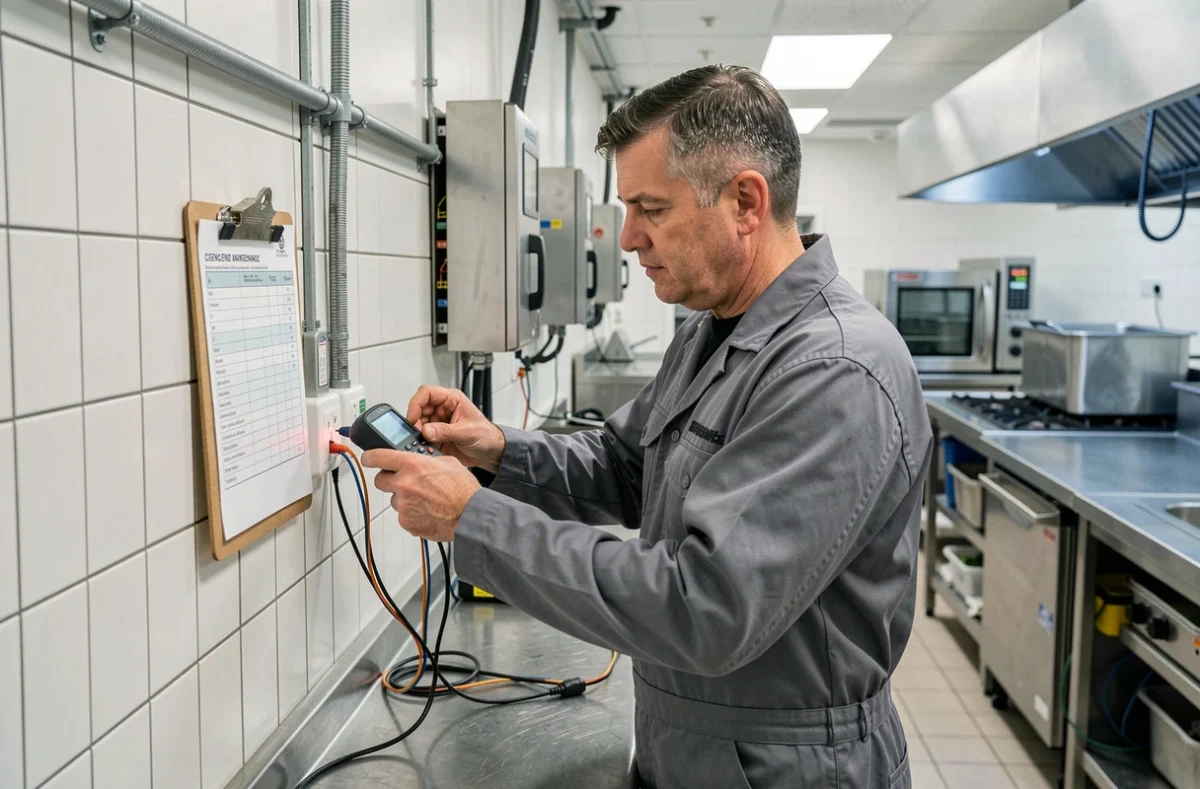 Électricien d'Amperelec effectuant une vérification de maintenance électrique dans une cuisine professionnelle
