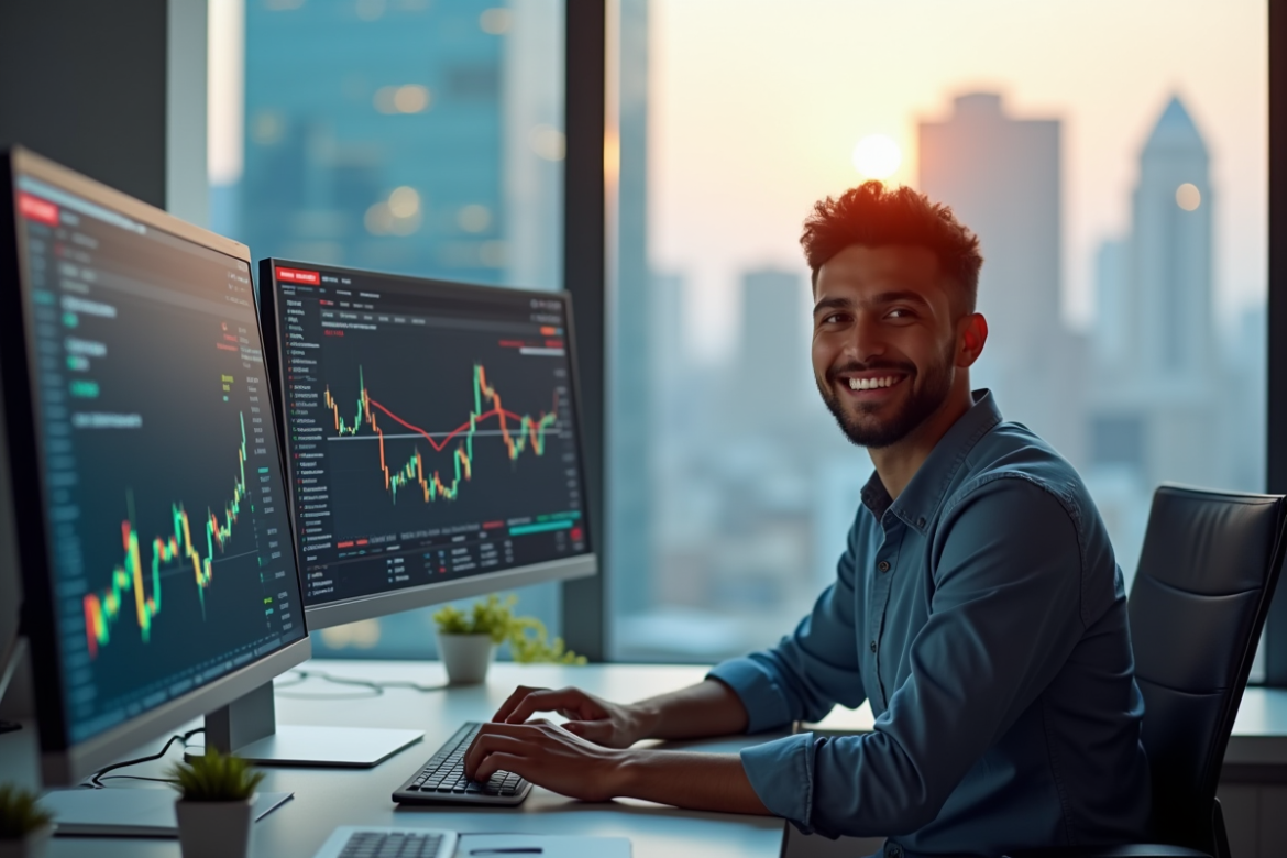 Jeune analyste financier souriant au bureau avec écrans de bourse