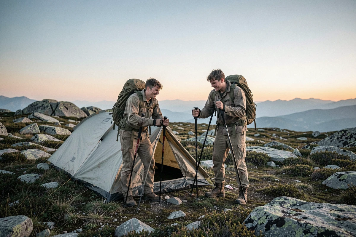 Deux jeunes aventuriers montant leur tente sur un plateau alpin au crépuscule, ambiance bivouac authentique pour illustrer les nouveaux lieux de tournage des Apprentis Aventuriers 2026