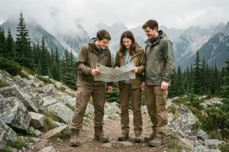 Groupe de jeunes aventuriers en tenue de randonnée consultant une carte sur un sentier de montagne sauvage, ambiance aventure réaliste pour Les Apprentis Aventuriers 2026
