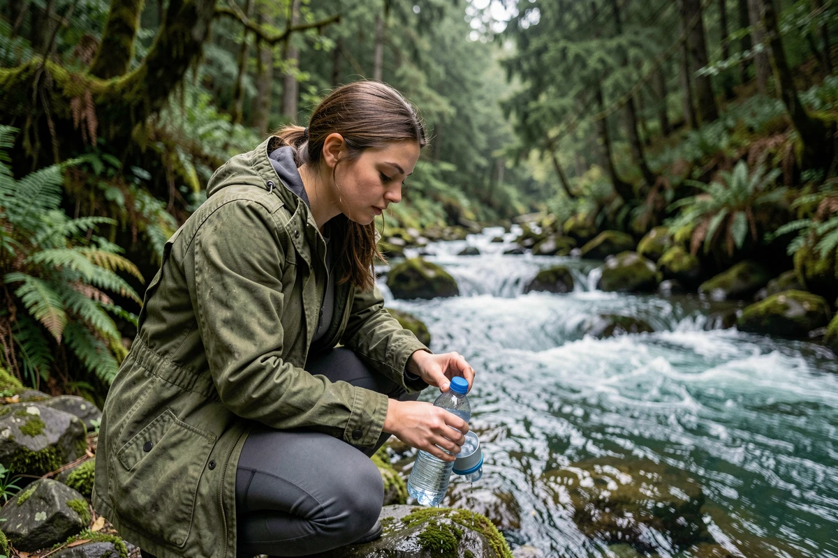 Jeune femme aventurière au bord d'une rivière de montagne en forêt, remplissant sa gourde dans un cadre naturel sauvage, tournage Les Apprentis Aventuriers saison 2026
