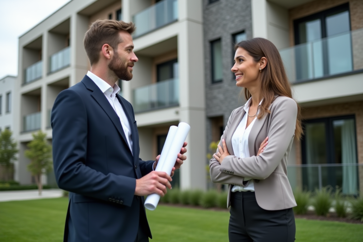 Architecte en costume bleu discutant devant un bâtiment moderne