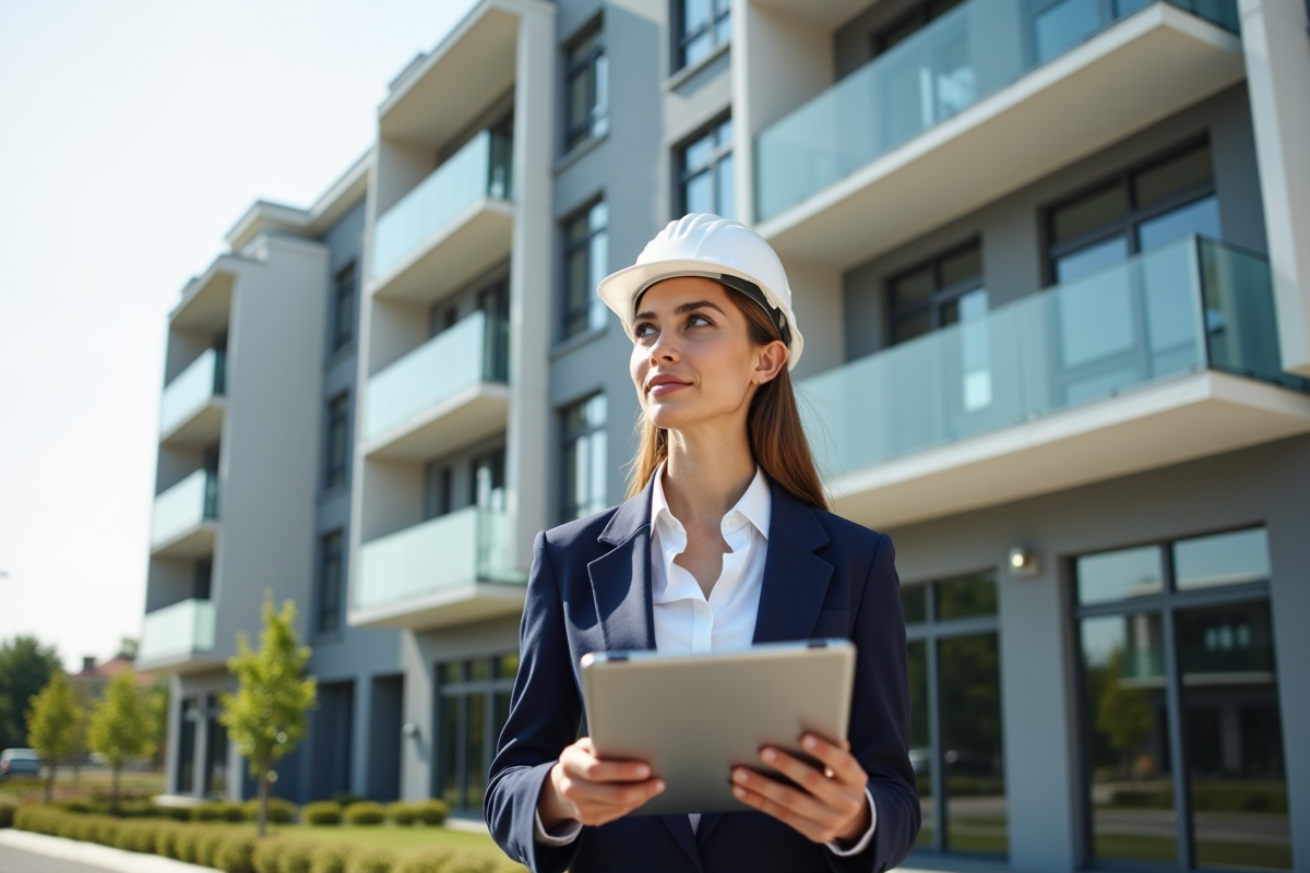 Architecte devant façade avec panneaux d