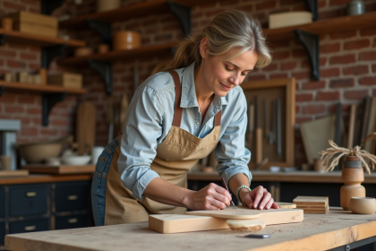 Artisane en atelier sculptant du bois avec concentration