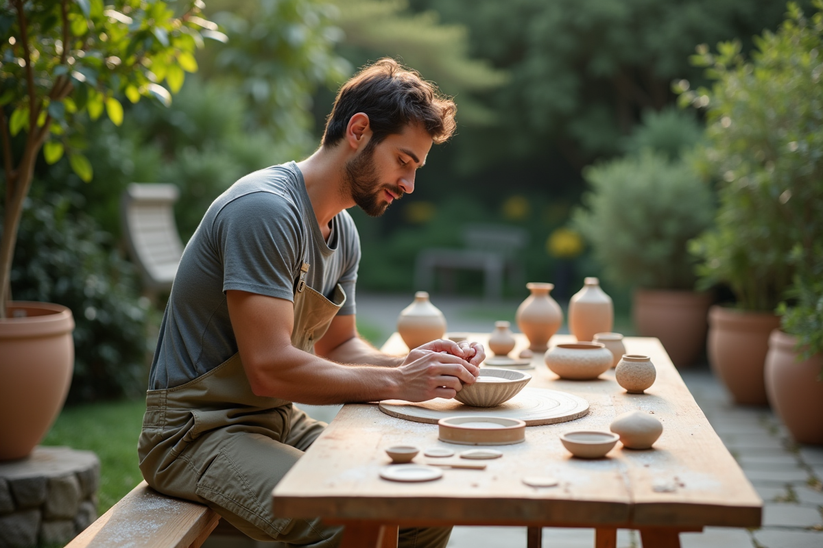 Jeune artisan créant des pièces en céramique dans un jardin