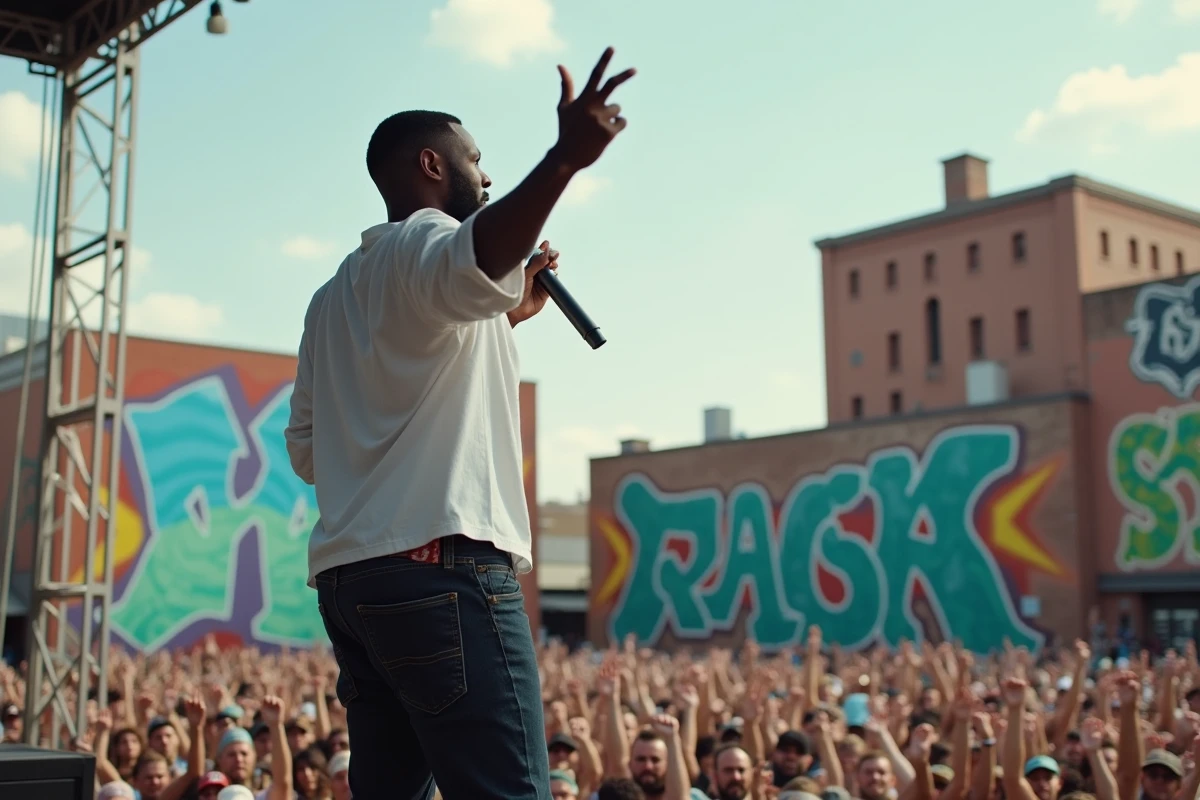 Artiste hip-hop afro-américain en performance live lors d'un festival urbain en plein air devant une foule nombreuse et des fresques murales