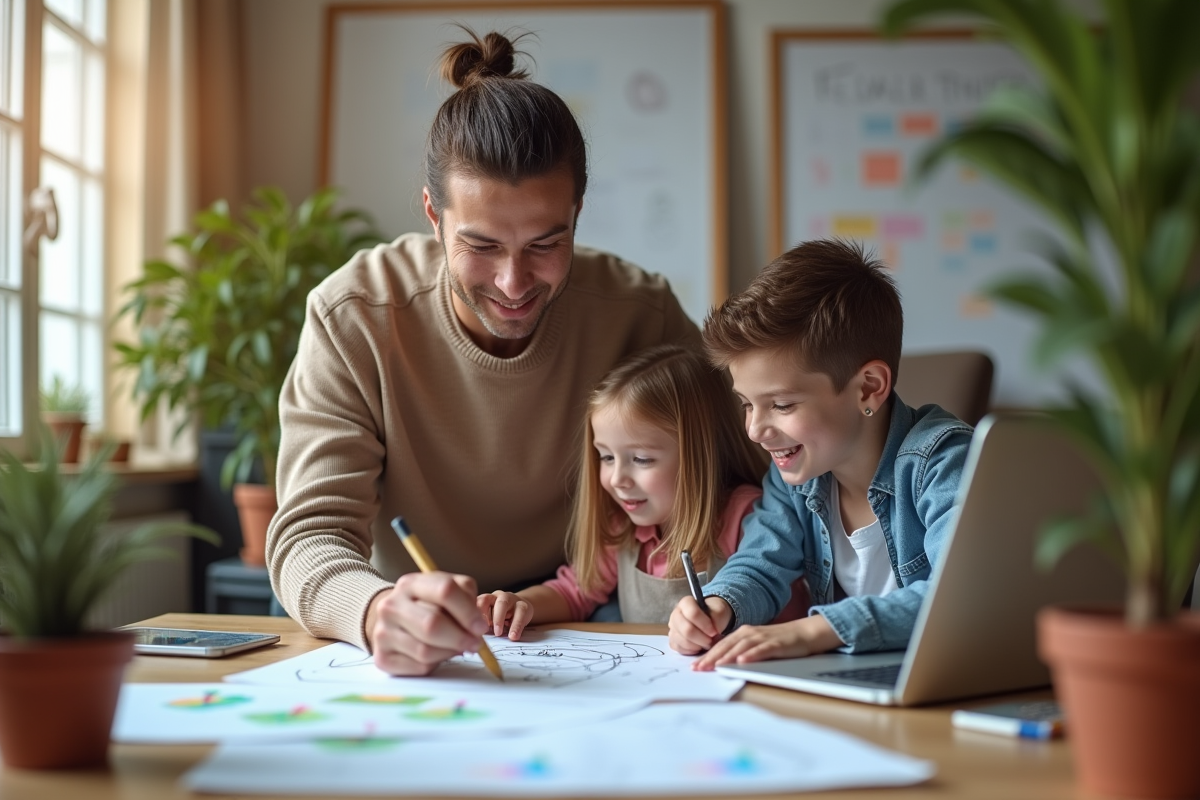 Parents et enfants collaborant sur un projet créatif