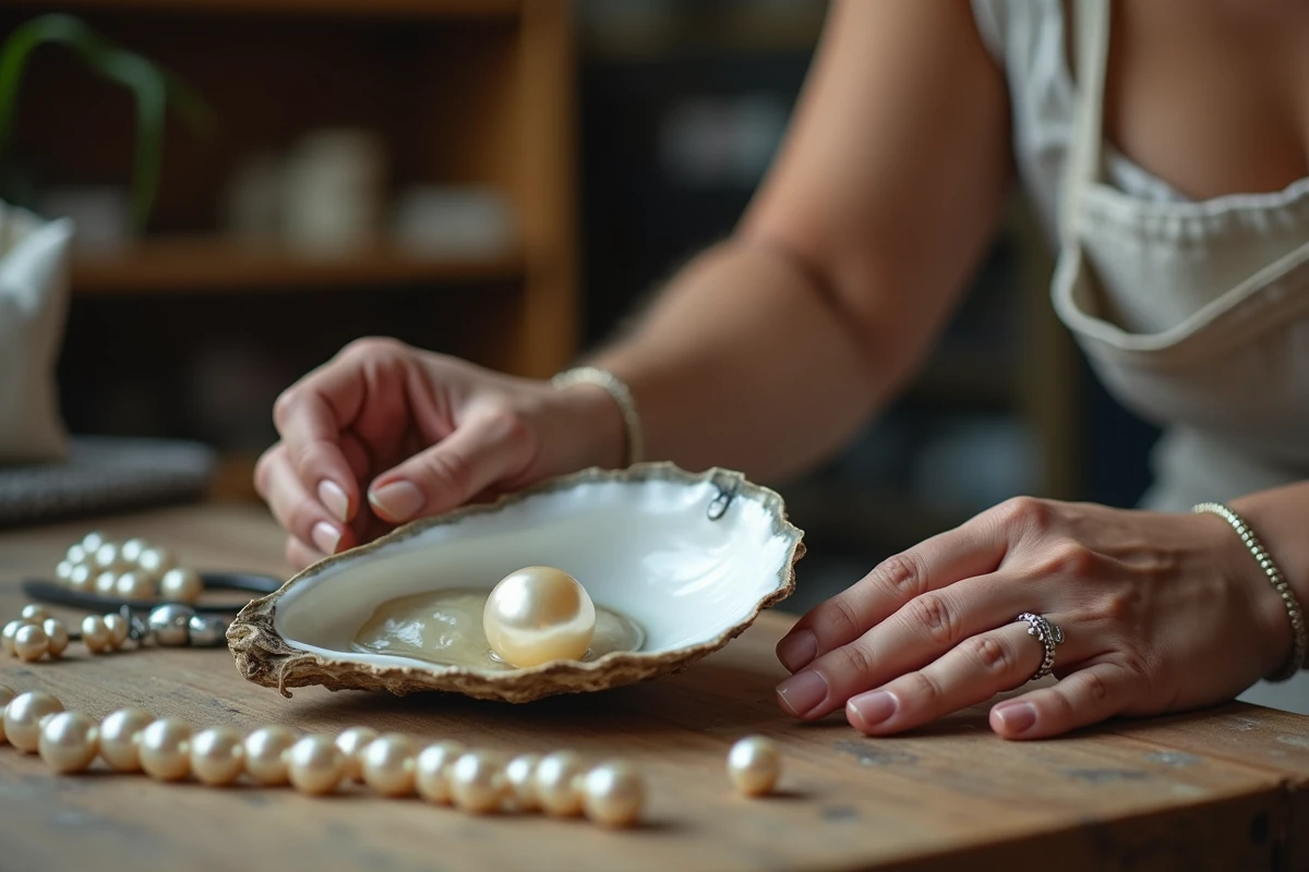 Artisane examinant une perle huître naturelle dans un atelier de joaillerie côtier, coquille ouverte et perles en vrac sur un établi en bois
