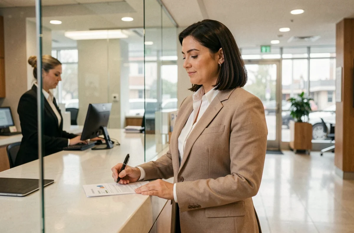 Femme autonome signant des documents financiers dans une banque, symbolisant l'indépendance économique face à un manipulateur