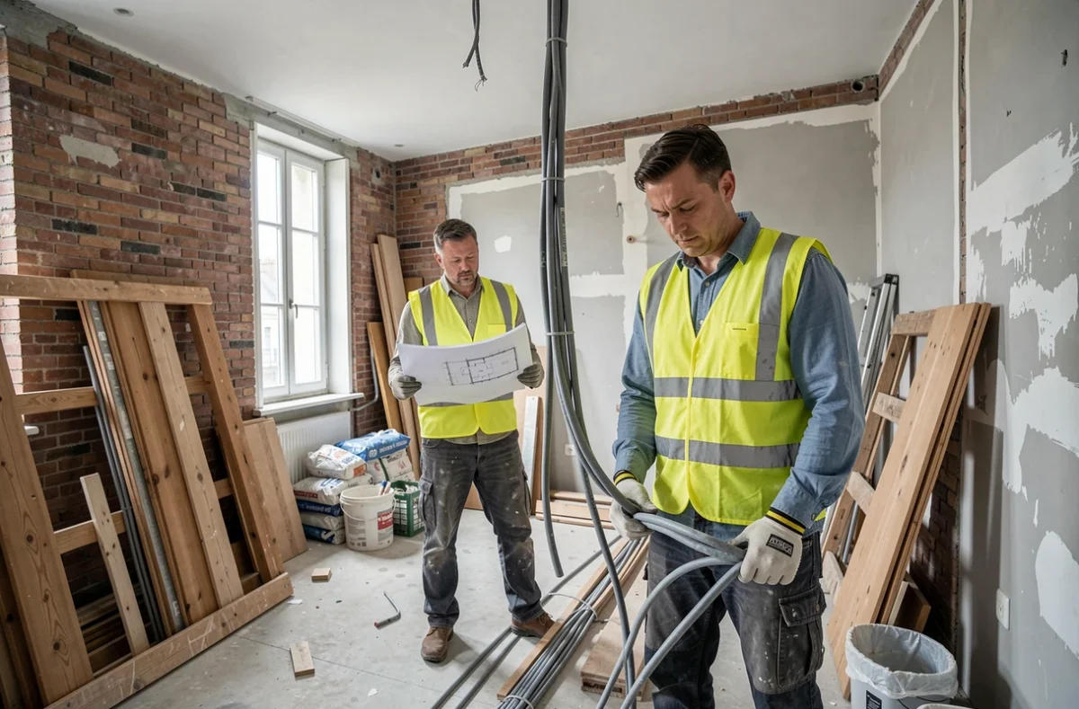 Deux ouvriers de Bat Pro Renovation réalisant des travaux d'électricité générale dans un appartement en rénovation