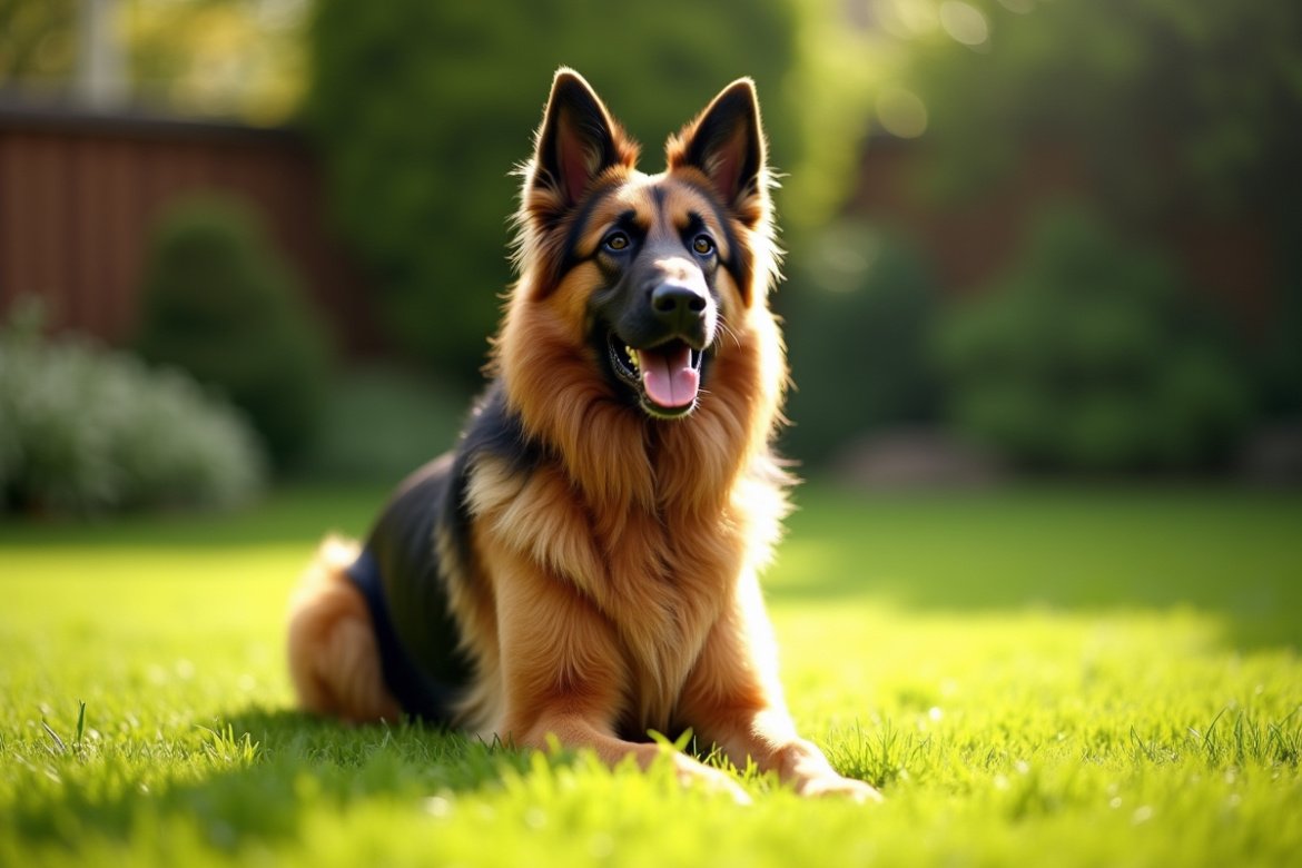 Chien berger allemand à long poil dans un jardin ensoleille