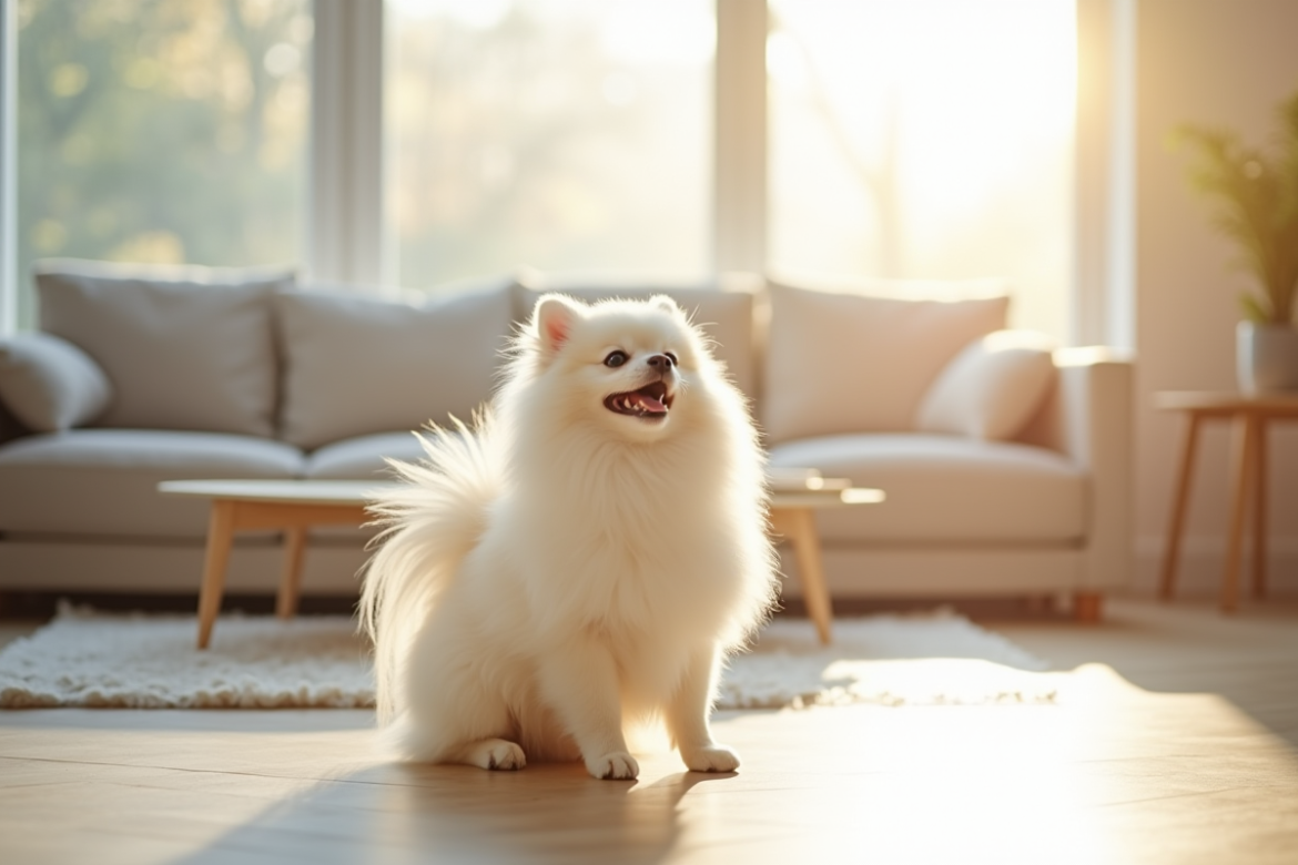 Chien blanc Pomeranian dans un salon lumineux et moderne