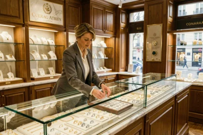 Intérieur d'une bijouterie élégante dans le Val-de-Marne avec vitrines de bijoux en or et argent