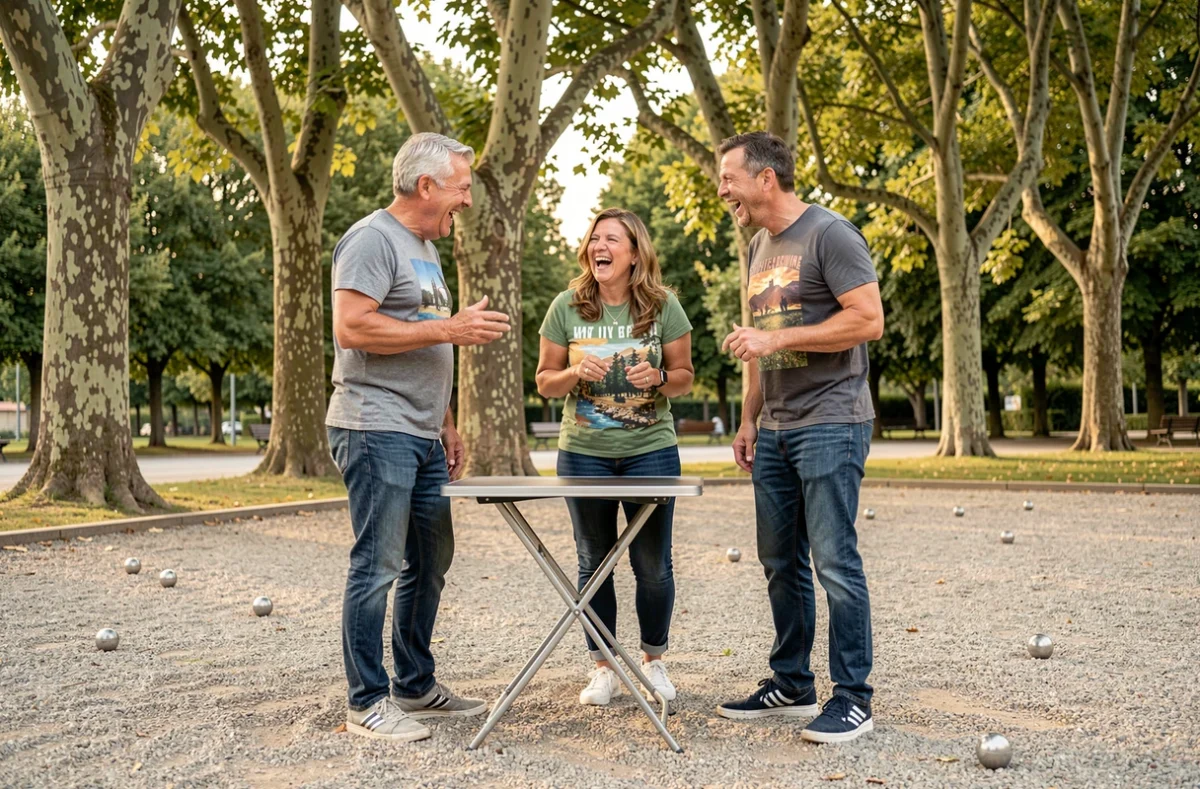 Groupe d'amis hilares autour d'un terrain de pétanque, représentant l'humour bon enfant et les blagues de beauf