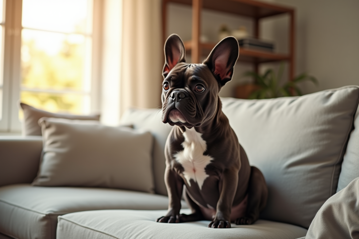 Bouledogue français exotique sur un canapé moderne en salon lumineux