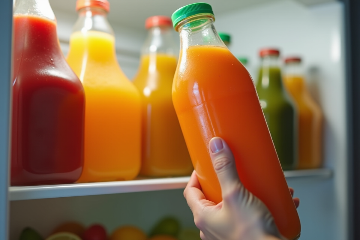 Main plaçant une bouteille de jus maison dans le frigo