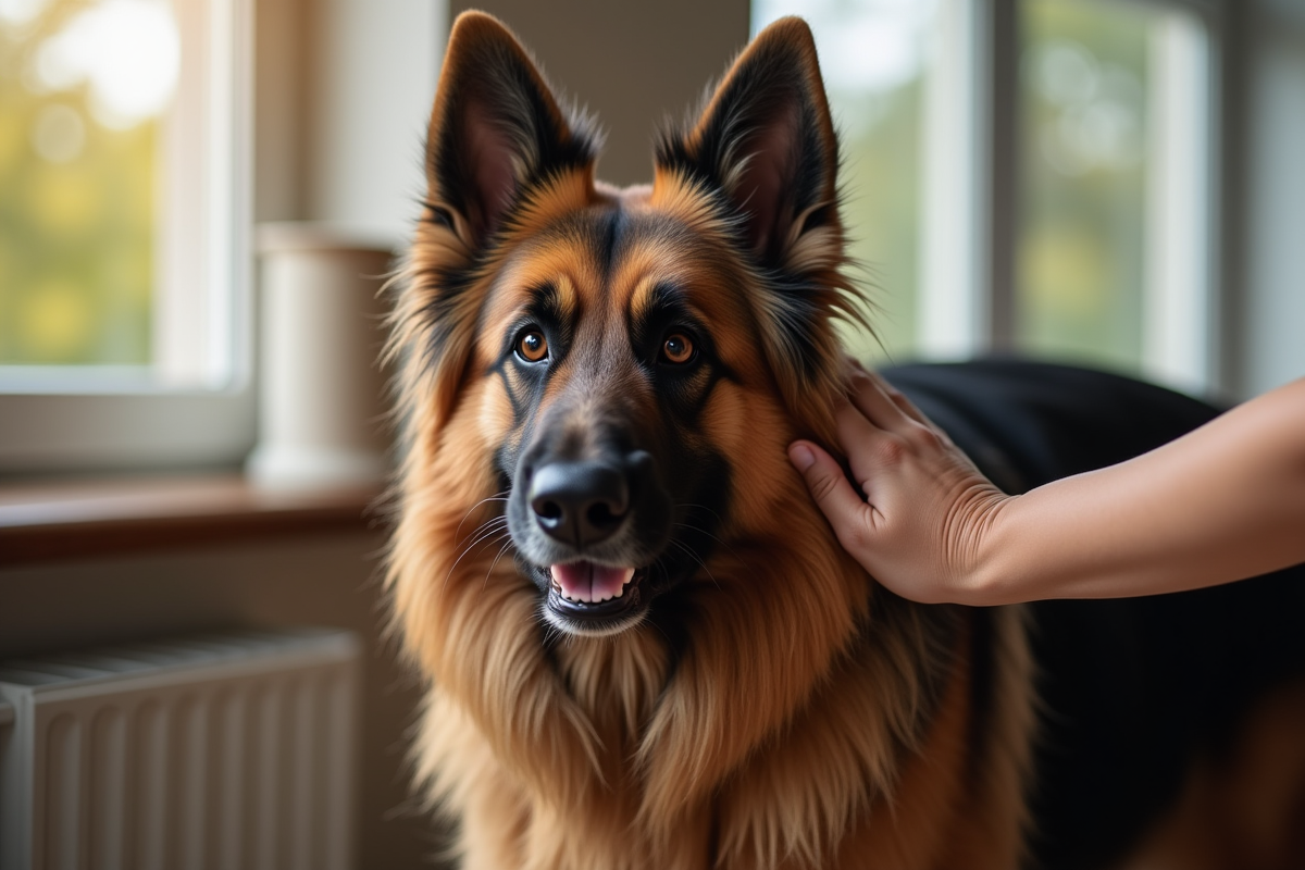 Personne brossant un berger allemand à la maison près d