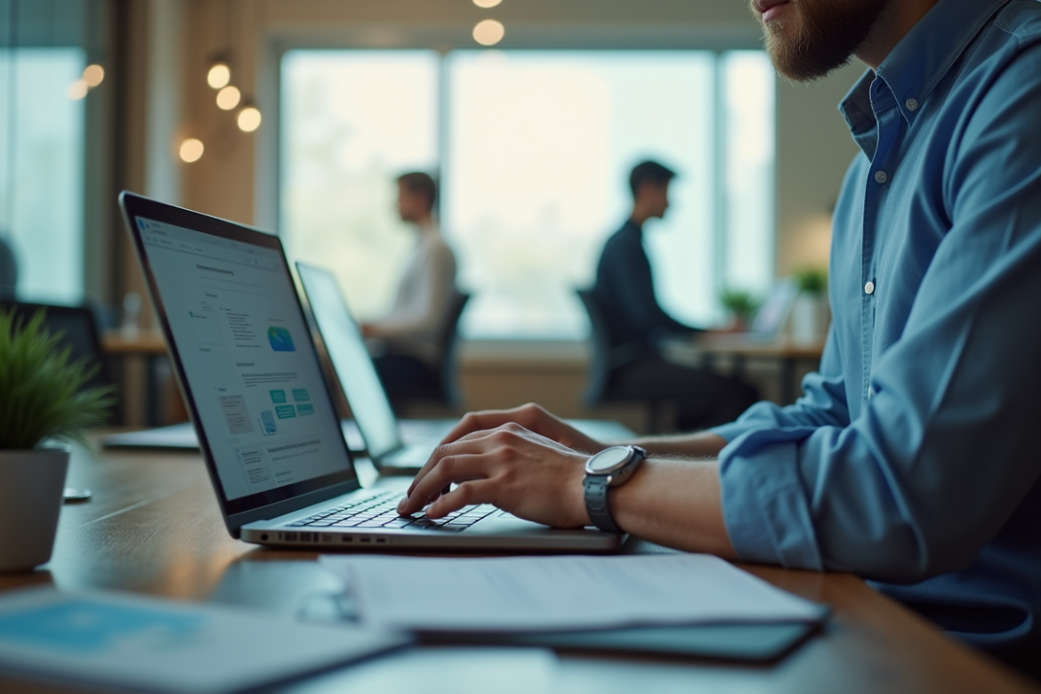 Espace de travail moderne avec un professionnel utilisant un ordinateur portable