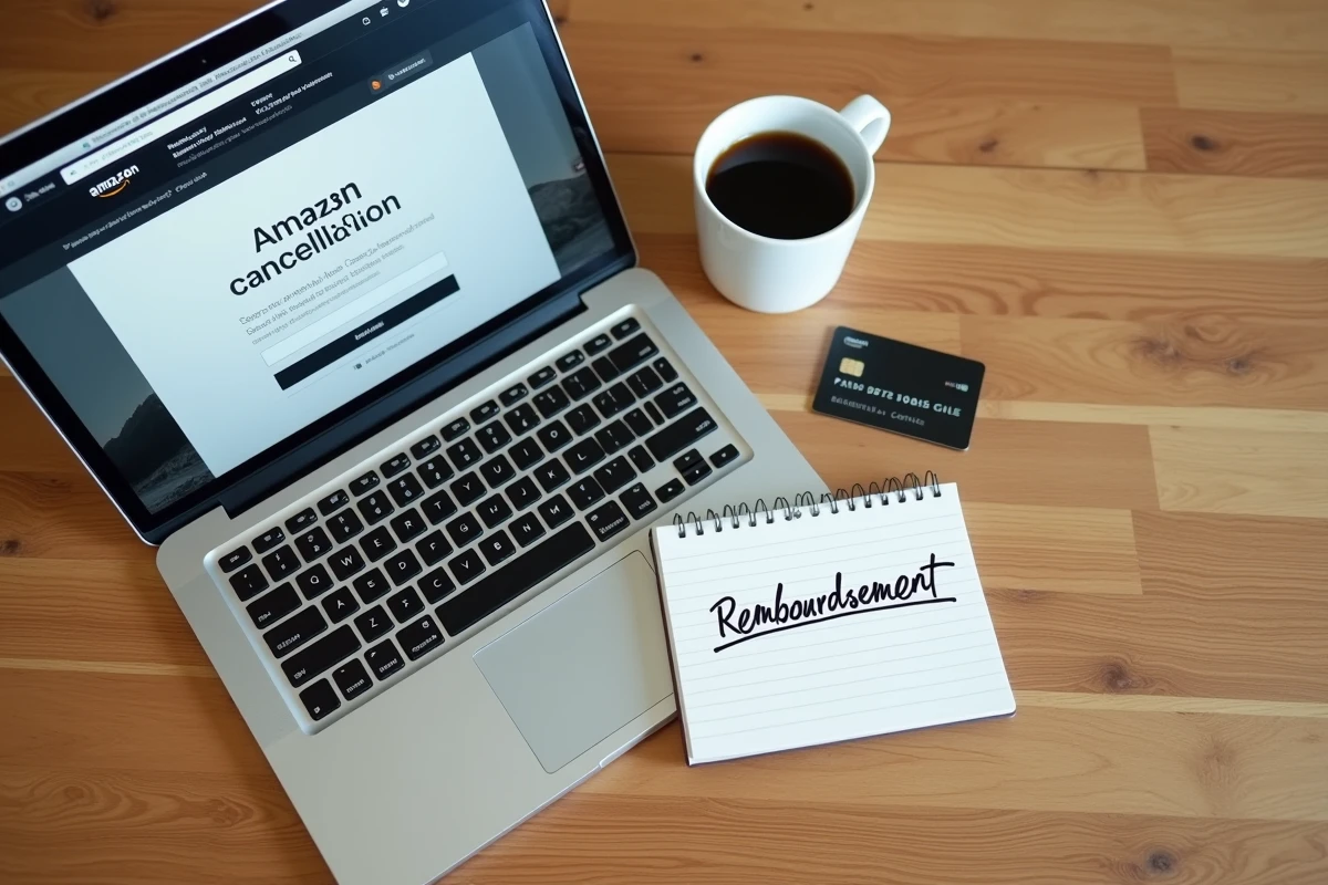 Vue de dessus d'un bureau avec un ordinateur affichant une confirmation d'annulation Amazon Prime et une carte bancaire