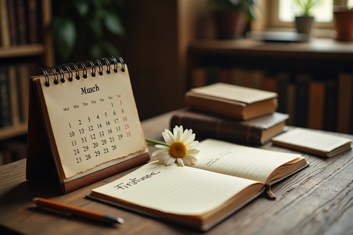 Calendrier vintage ouvert sur un bureau en bois avec un prénom écrit à la main et une marguerite, symbolisant le calendrier des prénoms à fêter