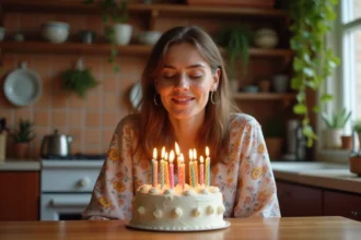 Femme soufflant des bougies sur un gâteau d'anniversaire dans une cuisine chaleureuse, illustrant la célébration des prénoms du jour