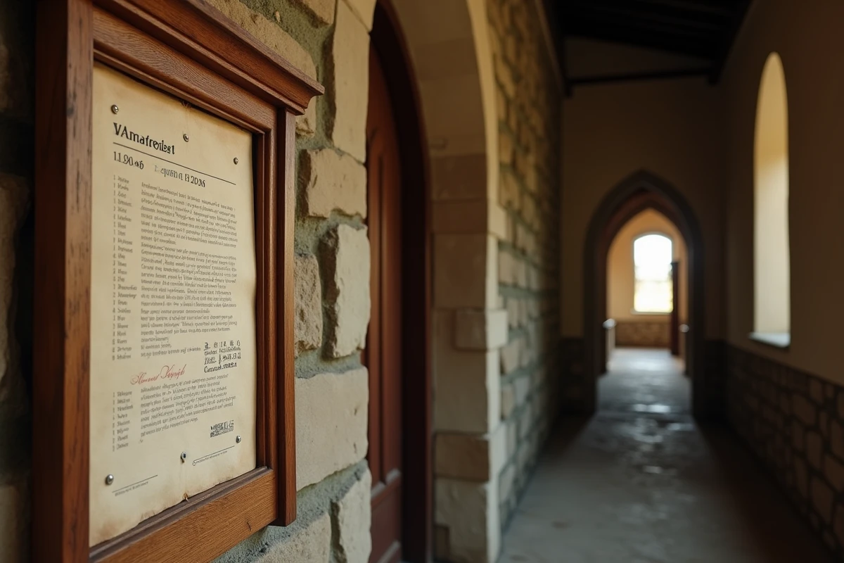 Tableau d'affichage paroissial avec calendrier des saints 2026 dans une église ancienne en pierre