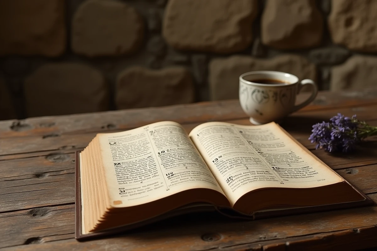 Calendrier liturgique ancien ouvert sur une table en chêne avec des noms de saints manuscrits en calligraphie