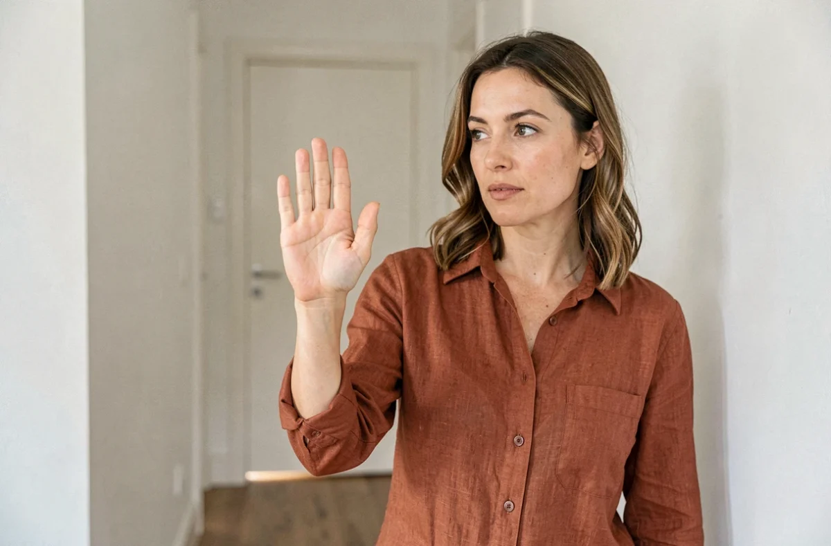 Femme disant non avec assurance et sans se justifier, geste de main ferme et posé dans un couloir