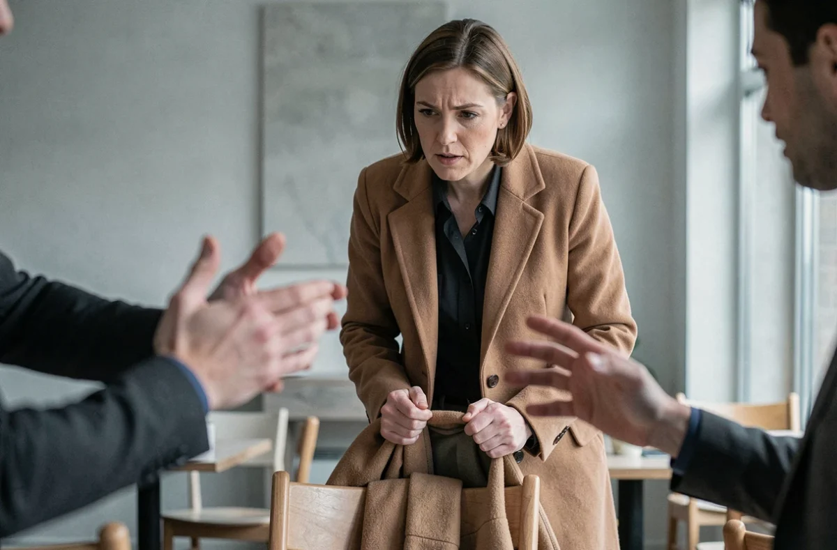 Femme quittant calmement une conversation toxique en enfilant son manteau avec détermination